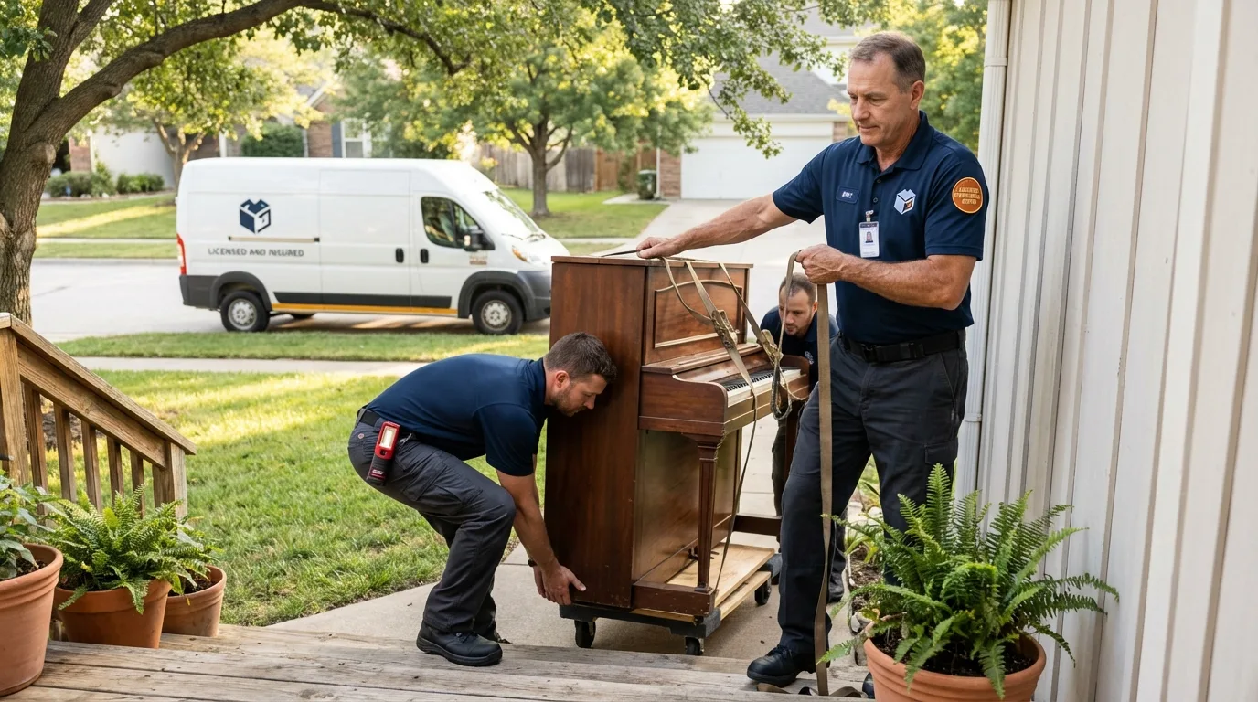 Licensed piano movers securing grand piano in Buhler, KS