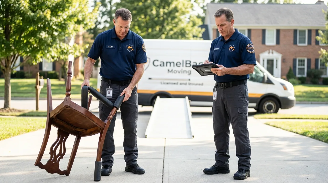Movers inspecting furniture for damage prevention before loading in Buhler, KS