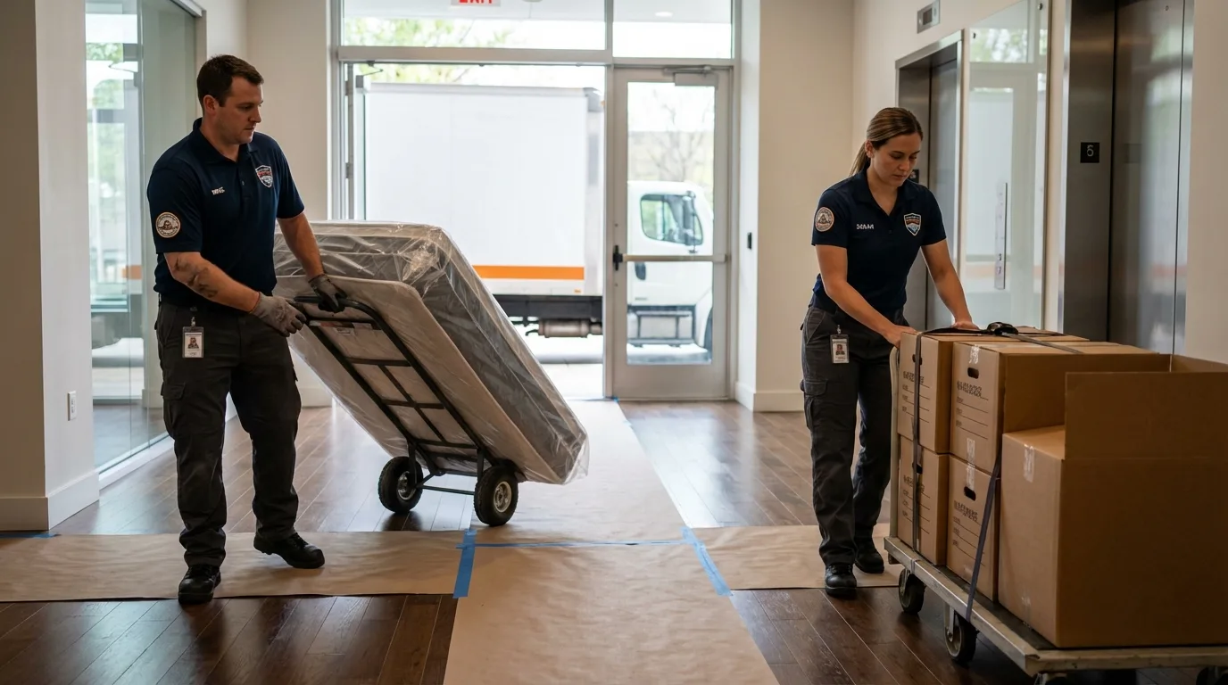 Professional apartment movers loading elevator in Buhler, KS